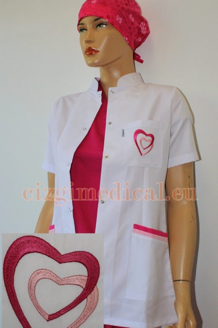 Women's short sleeve labcoat with embroidery two hearts