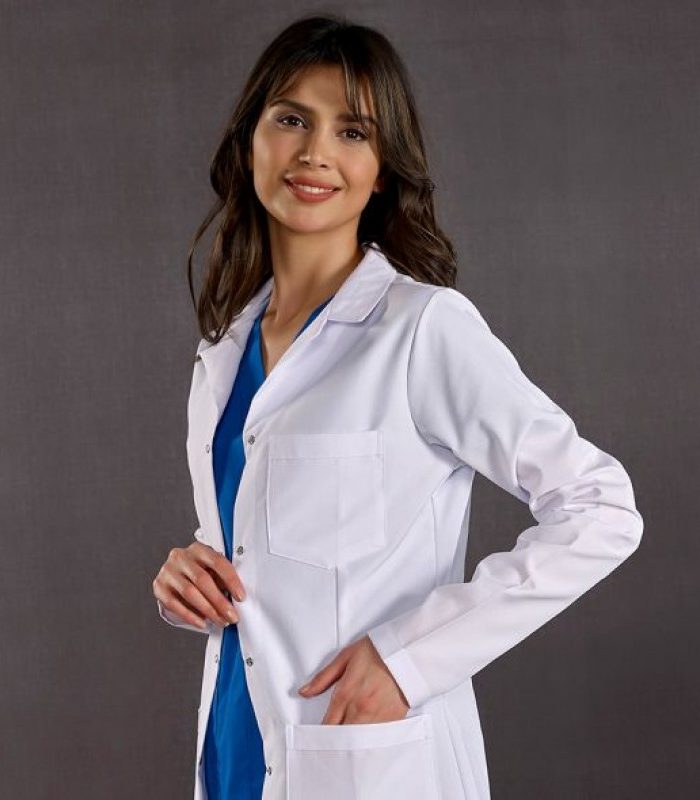 Women's long medical labcoat with a classic collar