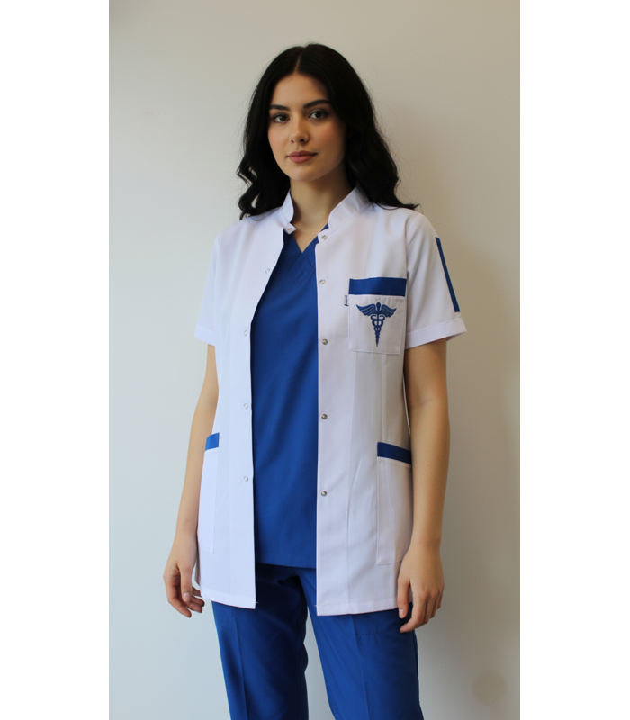 Women's short-sleeved labcoat with embroidery Pharmacy