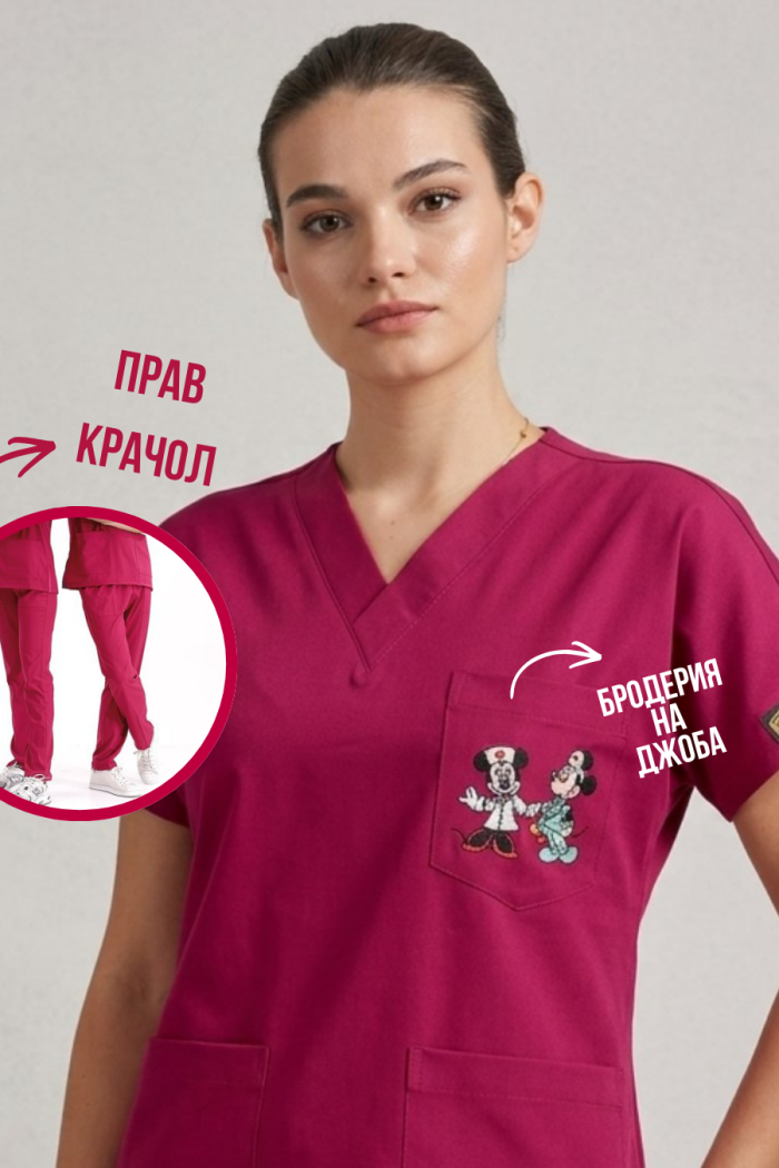 Медицински екип с бродерия ,,Мини и Мики " - Вишна